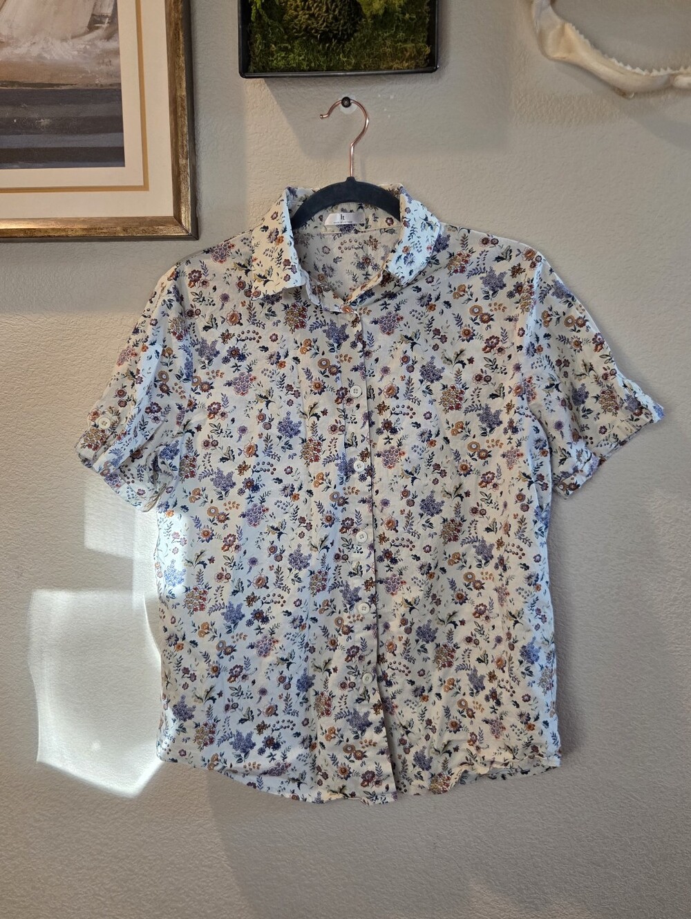 Womens Floral Button-Up Shirt - White with Blue & Brown Floral Print, Size Small
